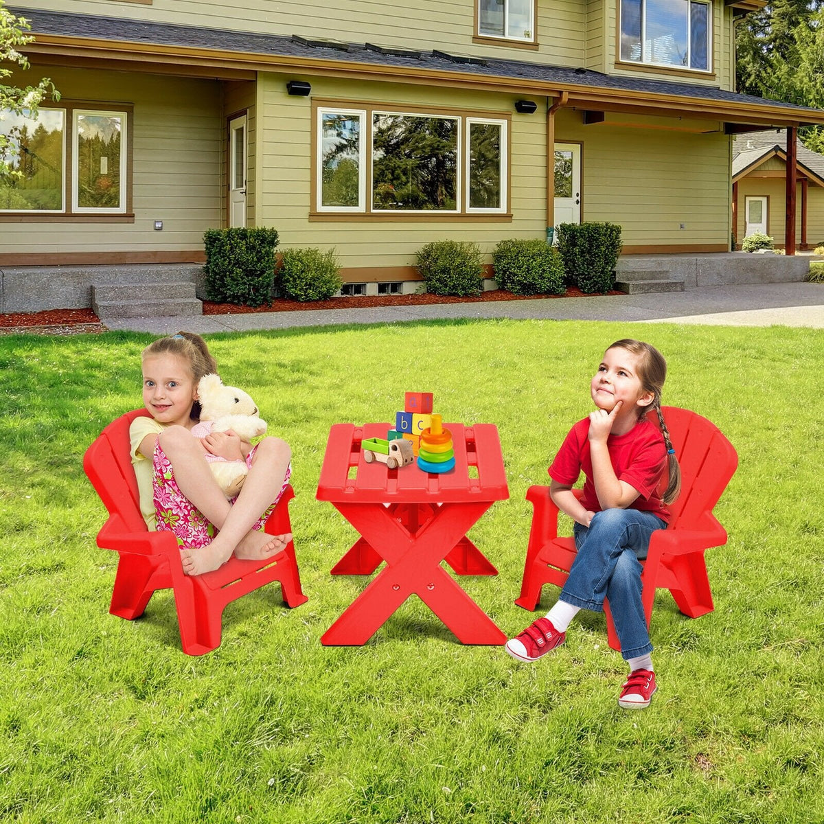 3 Piece Kids Table and 2 Chair Set in Red Plastic, Adirondack Style Chairs