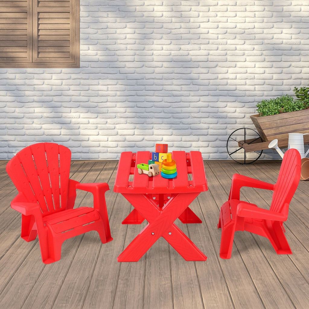 3 Piece Kids Table and 2 Chair Set in Red Plastic, Adirondack Style Chairs