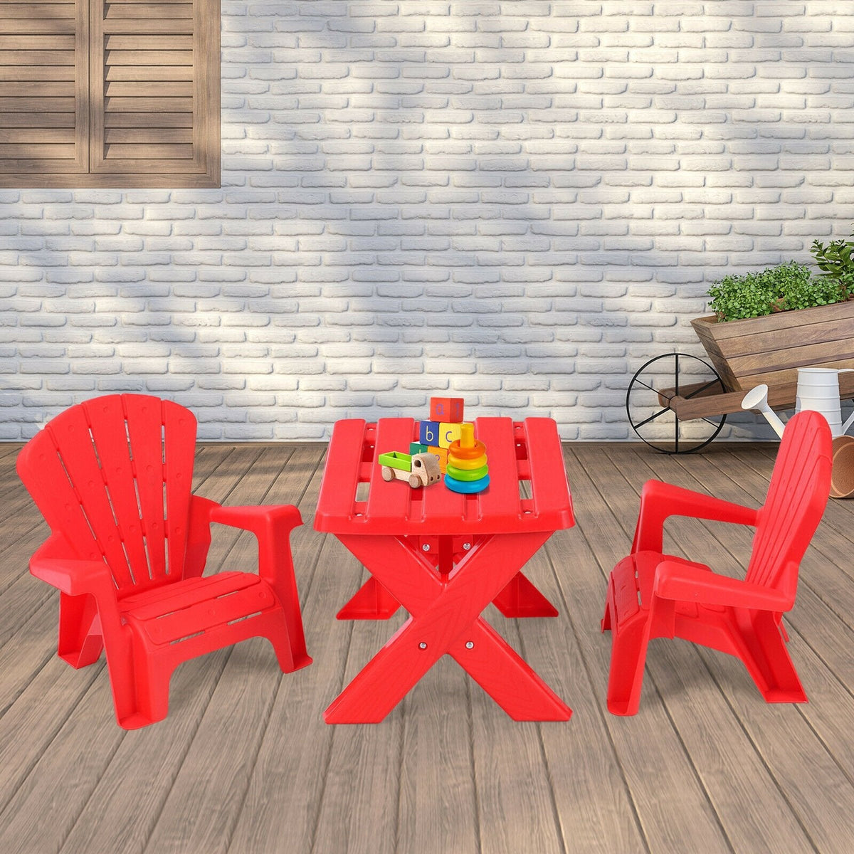 3 Piece Kids Table and 2 Chair Set in Red Plastic, Adirondack Style Chairs