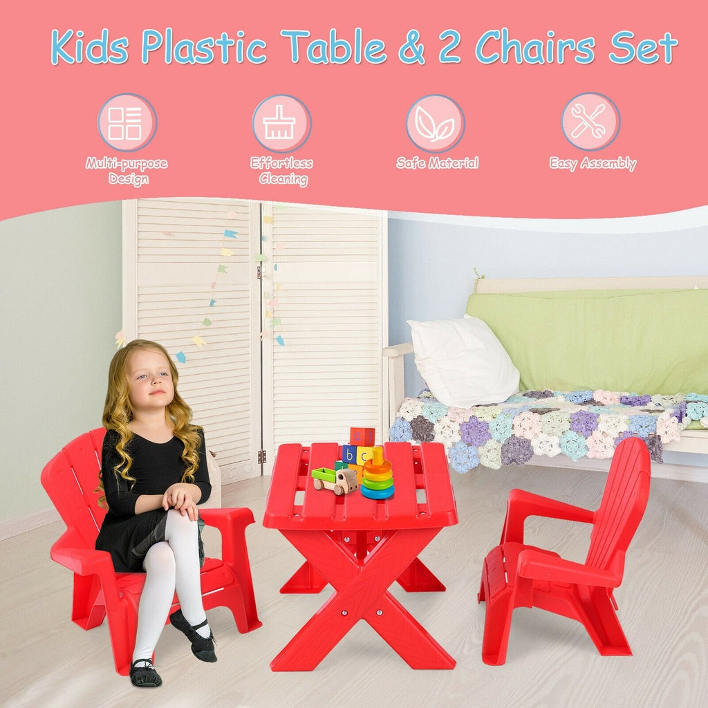 3 Piece Kids Table and 2 Chair Set in Red Plastic, Adirondack Style Chairs