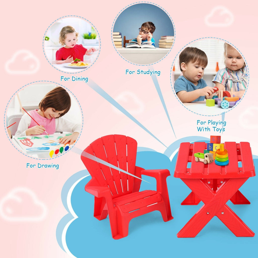 3 Piece Kids Table and 2 Chair Set in Red Plastic, Adirondack Style Chairs