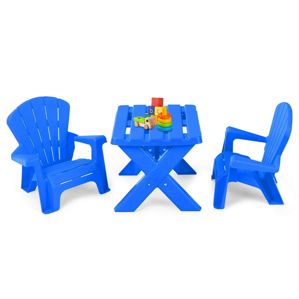 3 Piece Kids Table and 2 Chair Set in Blue Plastic, Adirondack Style Chairs