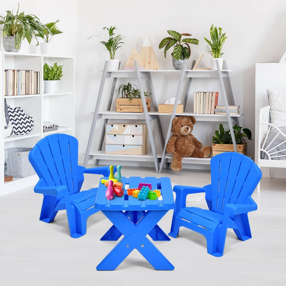 3 Piece Kids Table and 2 Chair Set in Blue Plastic, Adirondack Style Chairs
