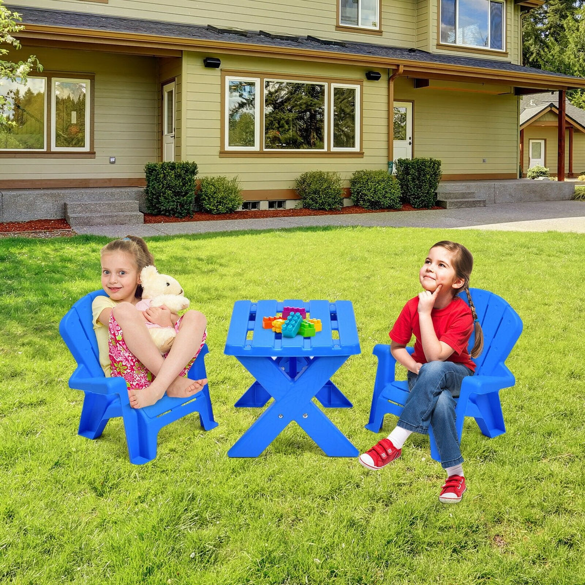 3 Piece Kids Table and 2 Chair Set in Blue Plastic, Adirondack Style Chairs
