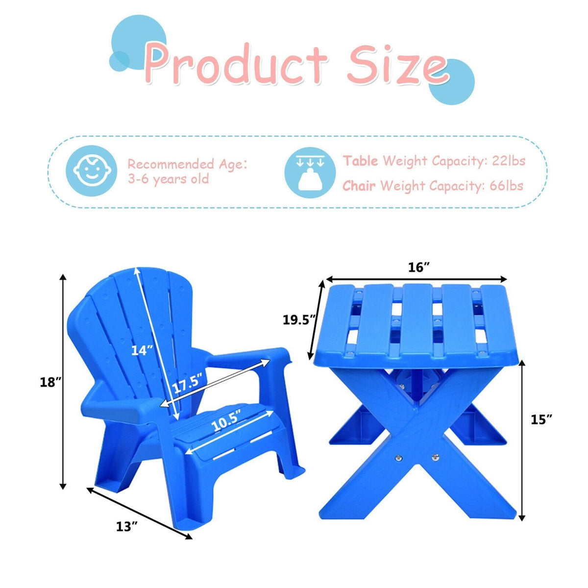 3 Piece Kids Table and 2 Chair Set in Blue Plastic, Adirondack Style Chairs