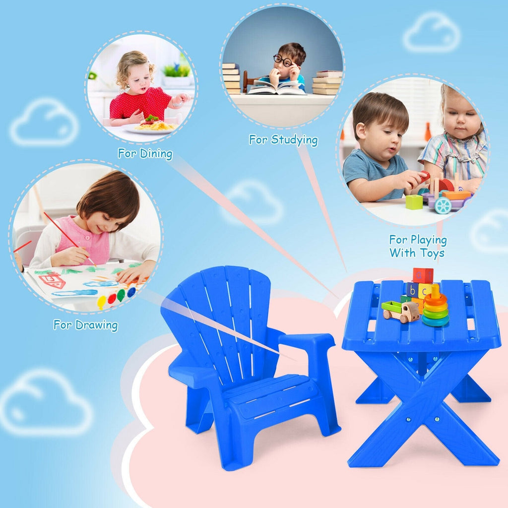 3 Piece Kids Table and 2 Chair Set in Blue Plastic, Adirondack Style Chairs