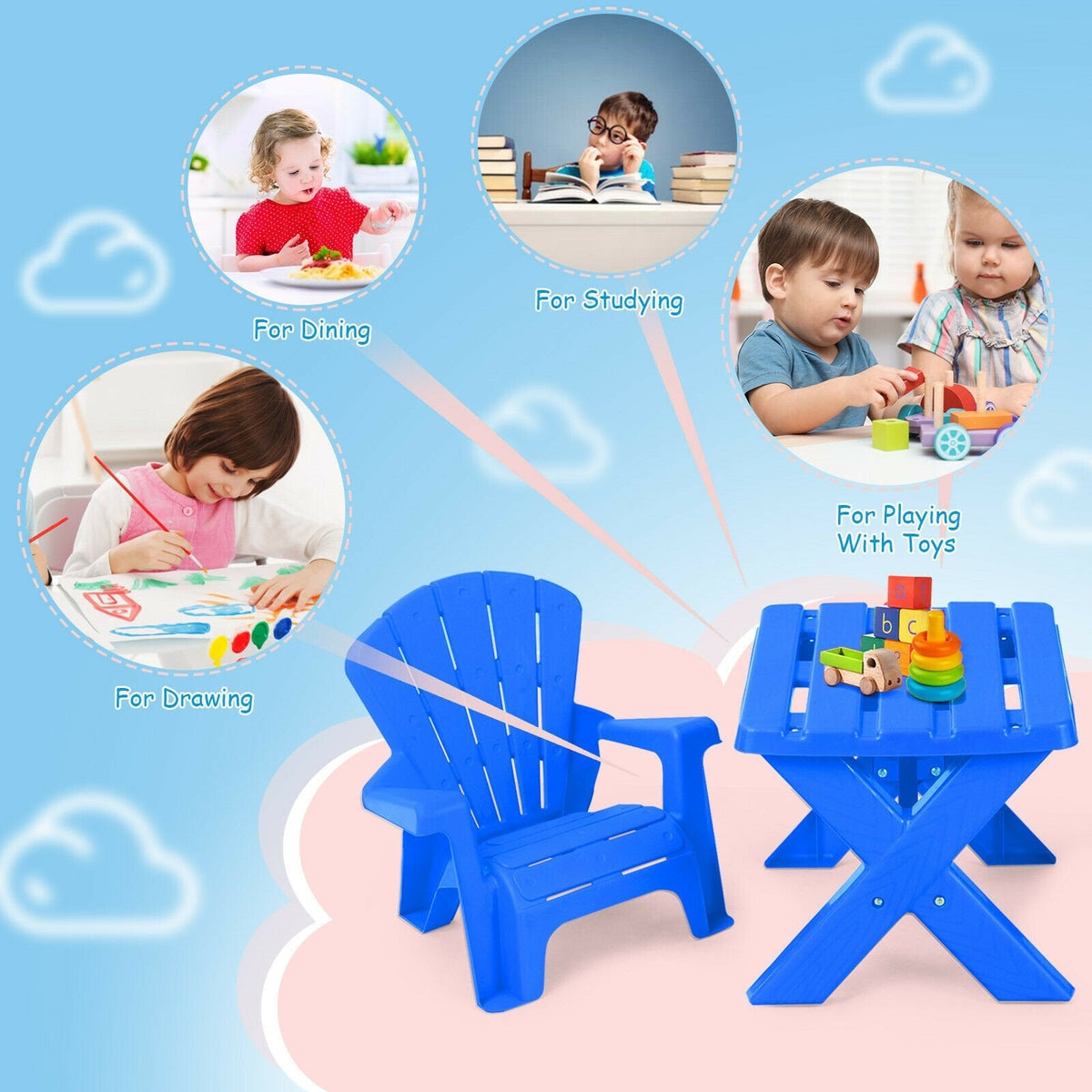 3 Piece Kids Table and 2 Chair Set in Blue Plastic, Adirondack Style Chairs