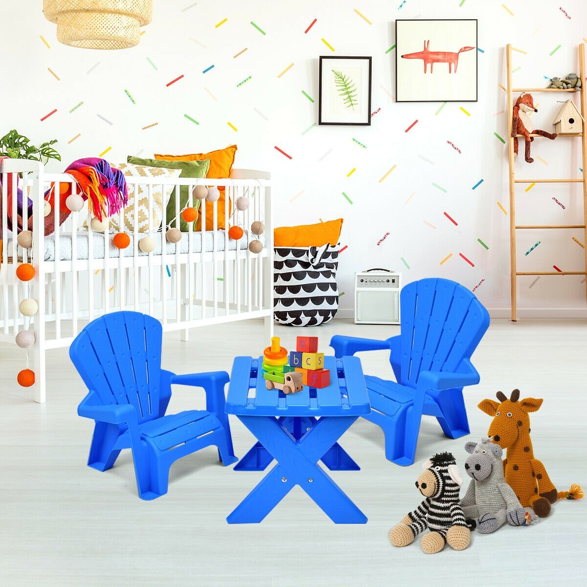 3 Piece Kids Table and 2 Chair Set in Blue Plastic, Adirondack Style Chairs
