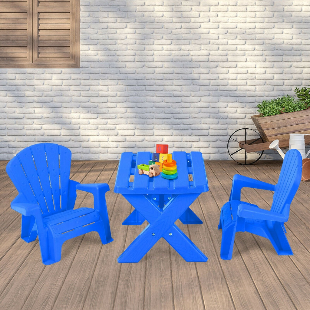 3 Piece Kids Table and 2 Chair Set in Blue Plastic, Adirondack Style Chairs