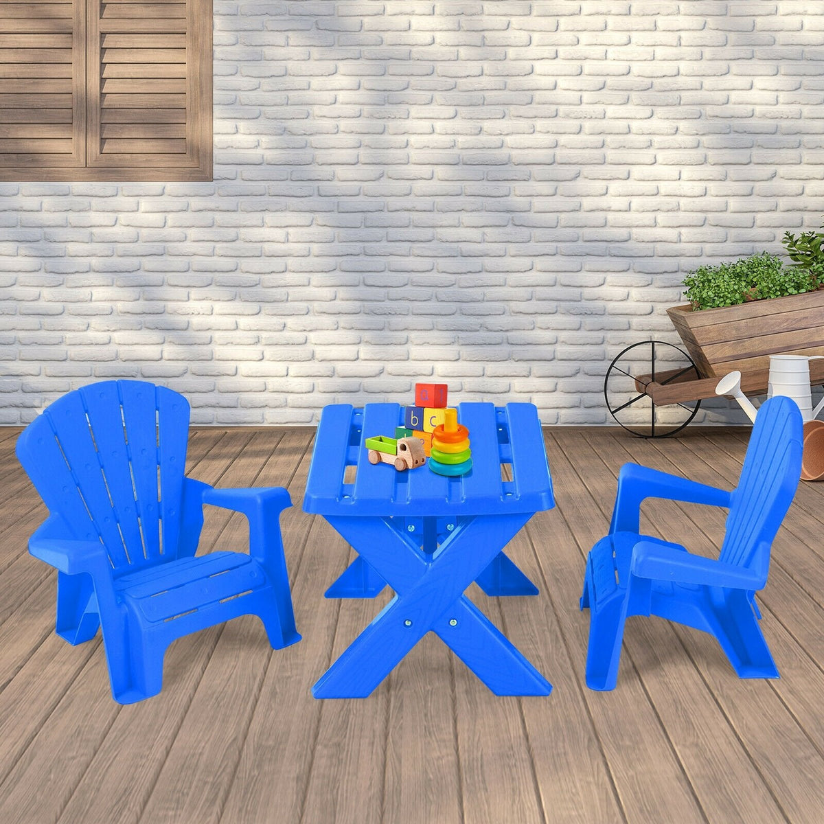 3 Piece Kids Table and 2 Chair Set in Blue Plastic, Adirondack Style Chairs