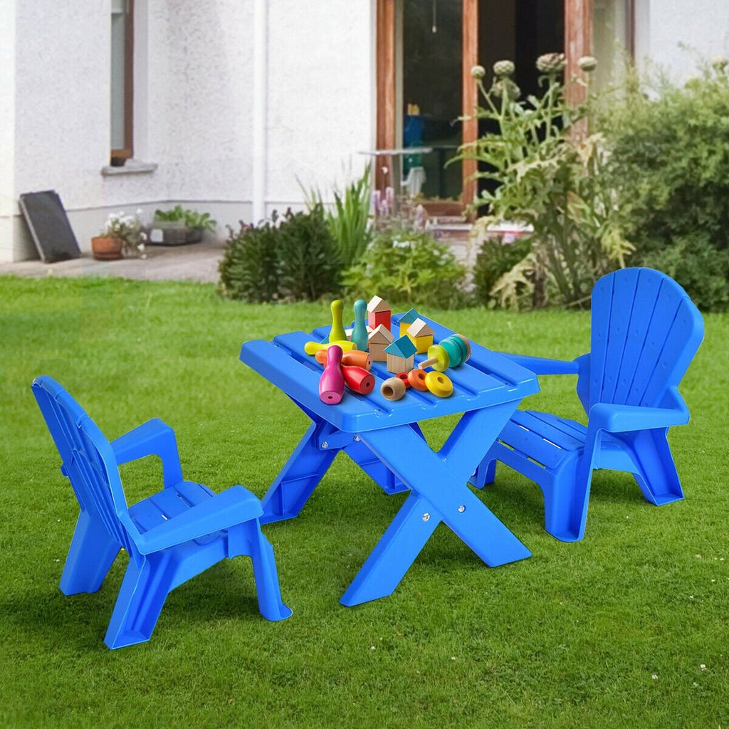 3 Piece Kids Table and 2 Chair Set in Blue Plastic, Adirondack Style Chairs