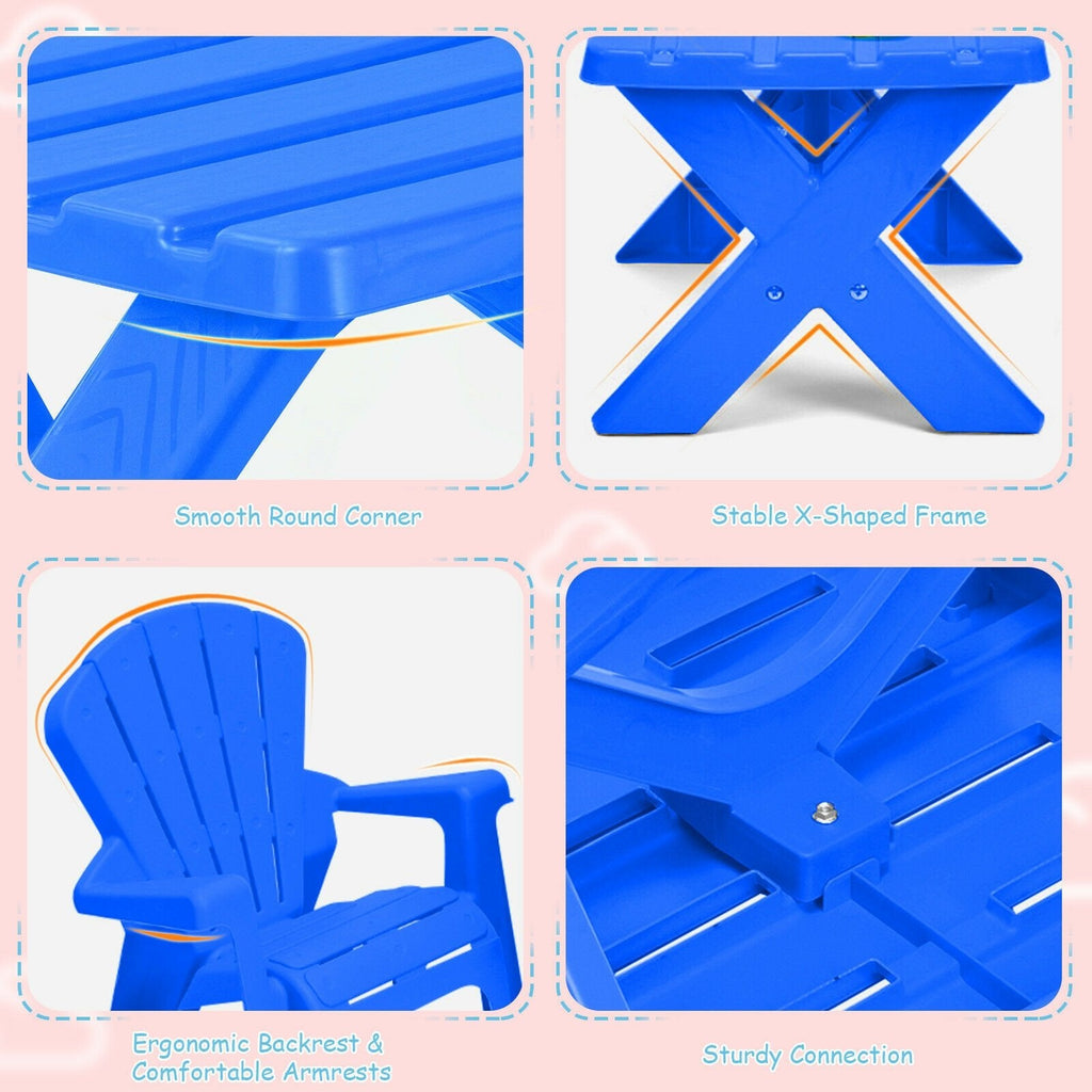 3 Piece Kids Table and 2 Chair Set in Blue Plastic, Adirondack Style Chairs