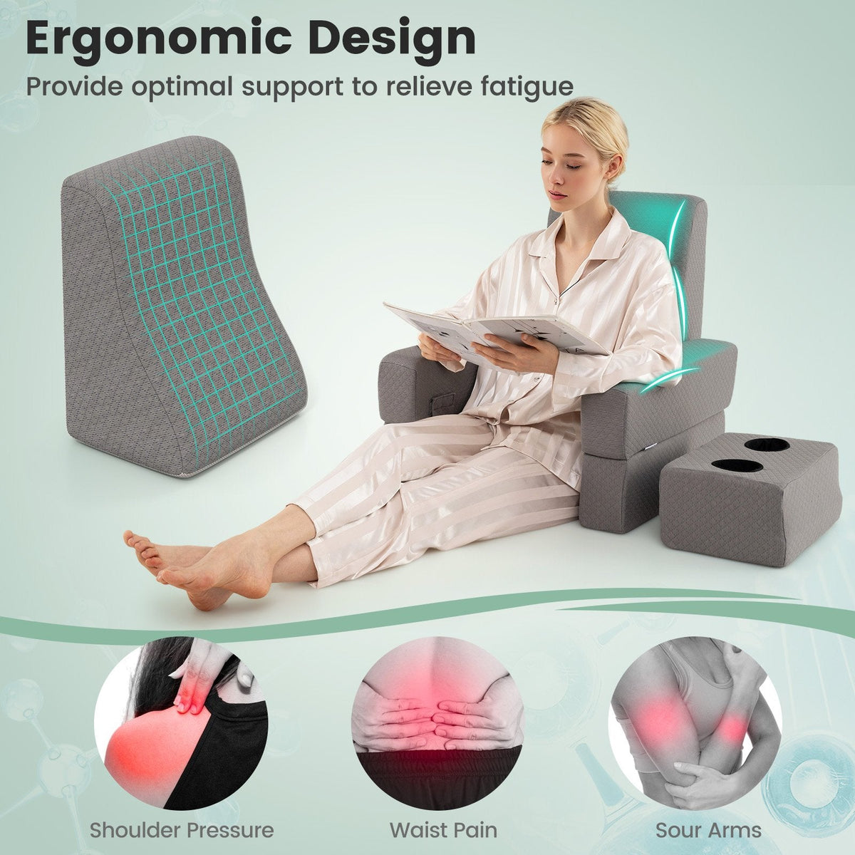 3-Piece Reading Pillow Set Extra Large Lap Desk with Coaster-Gray