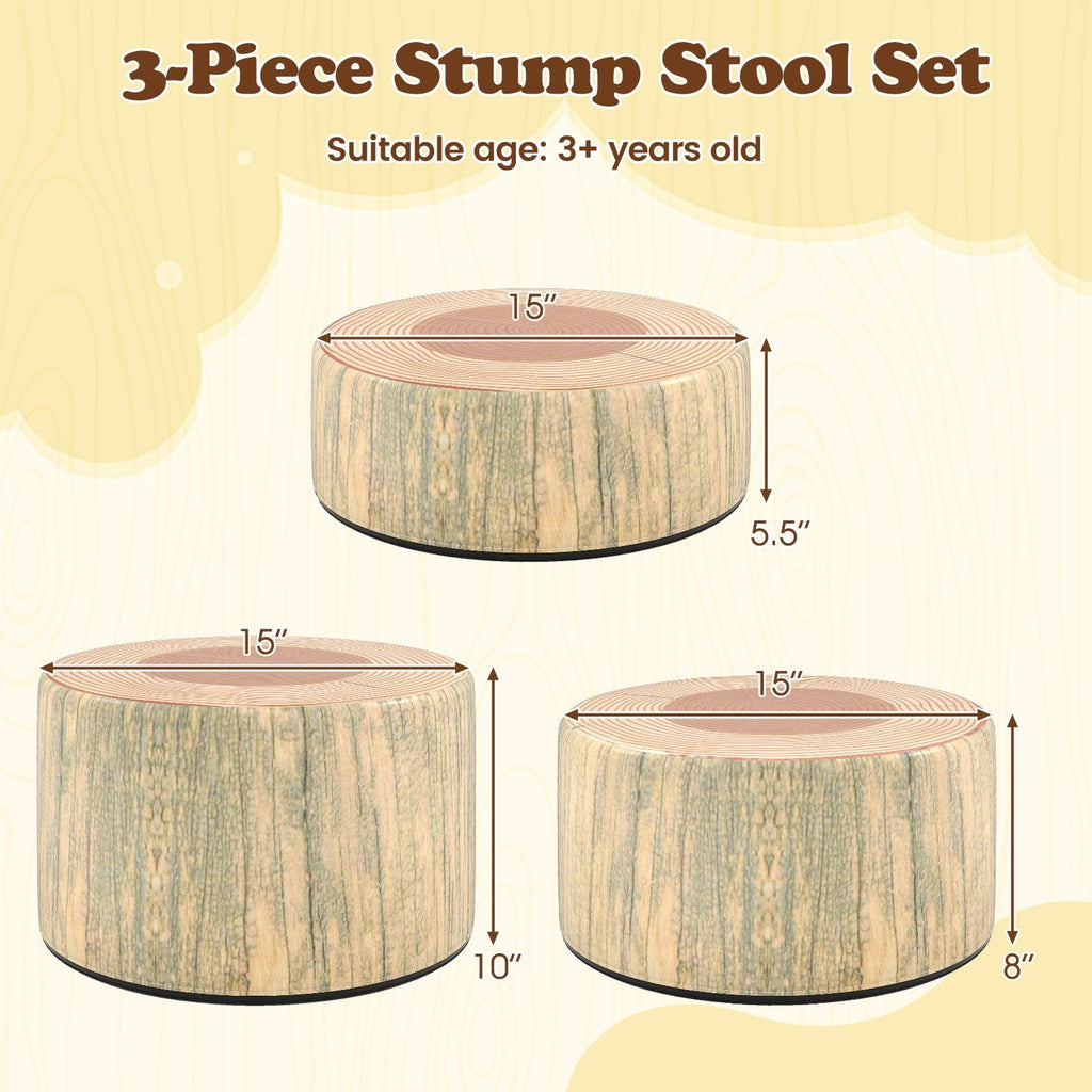 3-Piece Tree Stump Stool Set with Wood Printing Nature Decoration-Natural