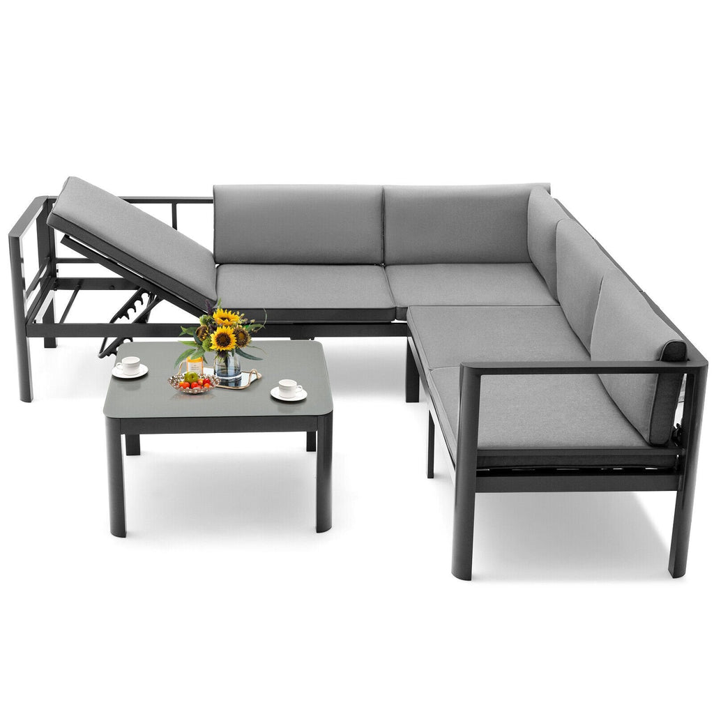 3 Piece Aluminum Patio Sofa Set, 84.5 Inch 3 Seat Sofa with 6 Level Reclining Back, Loveseat and Glass Table, Grey