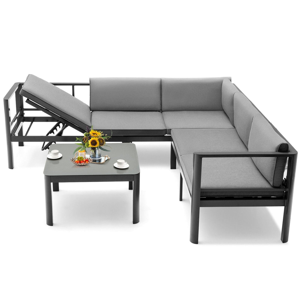 3 Piece Aluminum Patio Sofa Set, 84.5 Inch 3 Seat Sofa with 6 Level Reclining Back, Loveseat and Glass Table, Grey