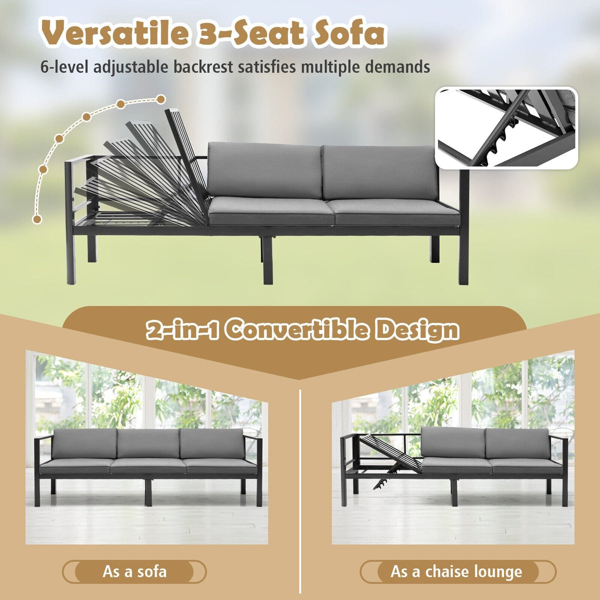 3 Piece Aluminum Patio Sofa Set, 84.5 Inch 3 Seat Sofa with 6 Level Reclining Back, Loveseat and Glass Table, Grey