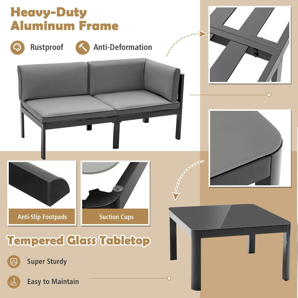 3 Piece Aluminum Patio Sofa Set, 84.5 Inch 3 Seat Sofa with 6 Level Reclining Back, Loveseat and Glass Table, Grey