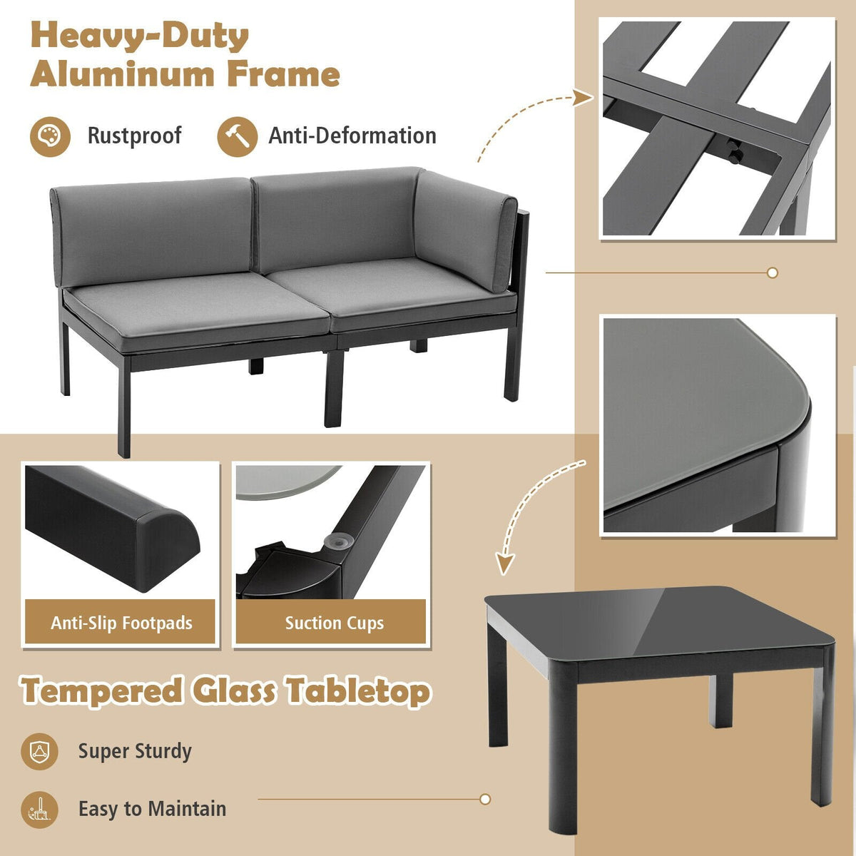 3 Piece Aluminum Patio Sofa Set, 84.5 Inch 3 Seat Sofa with 6 Level Reclining Back, Loveseat and Glass Table, Grey