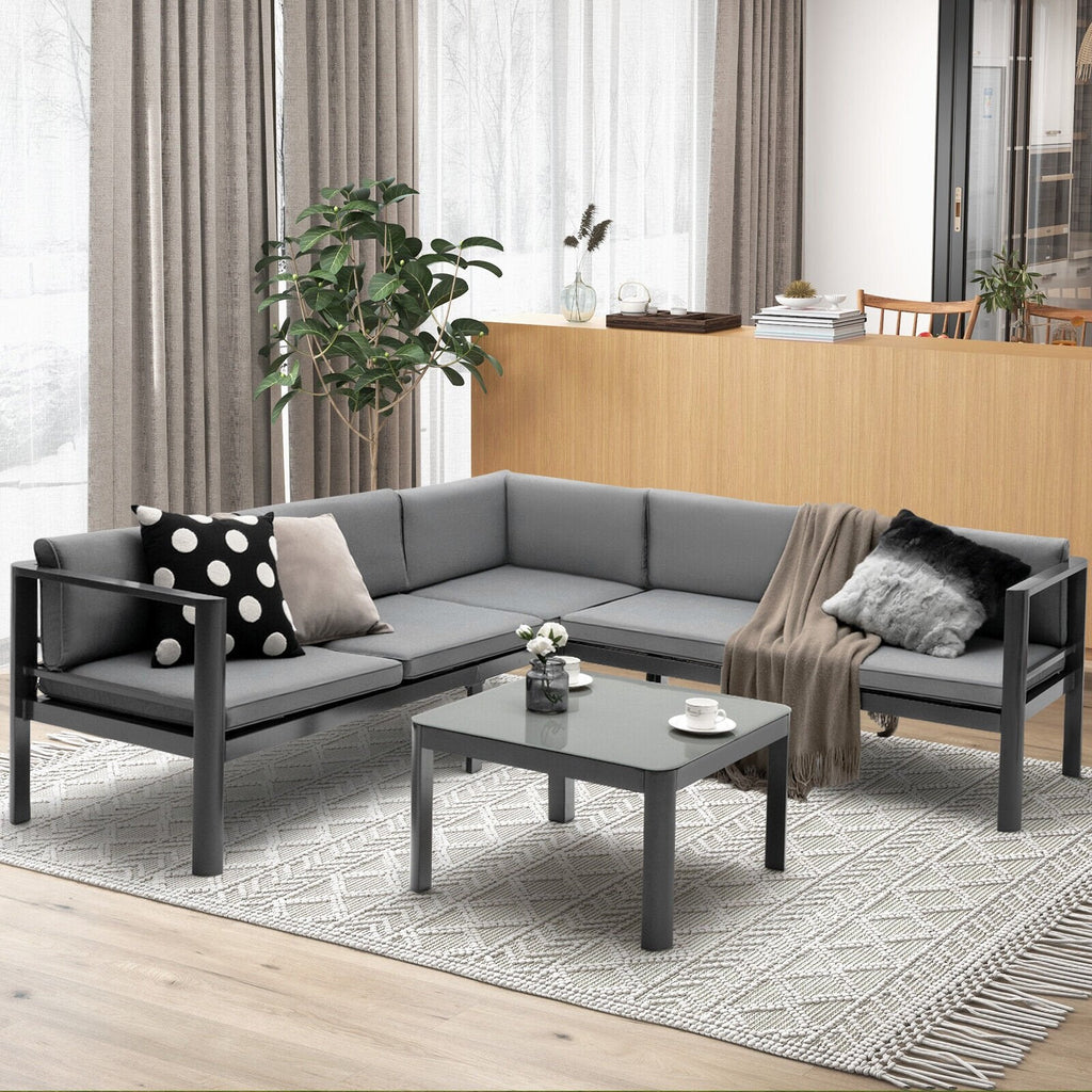 3 Piece Aluminum Patio Sofa Set, 84.5 Inch 3 Seat Sofa with 6 Level Reclining Back, Loveseat and Glass Table, Grey