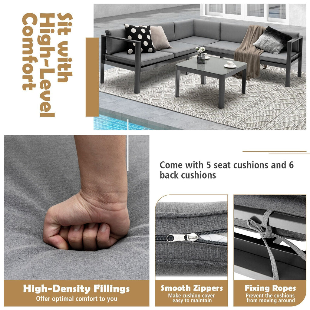 3 Piece Aluminum Patio Sofa Set, 84.5 Inch 3 Seat Sofa with 6 Level Reclining Back, Loveseat and Glass Table, Grey