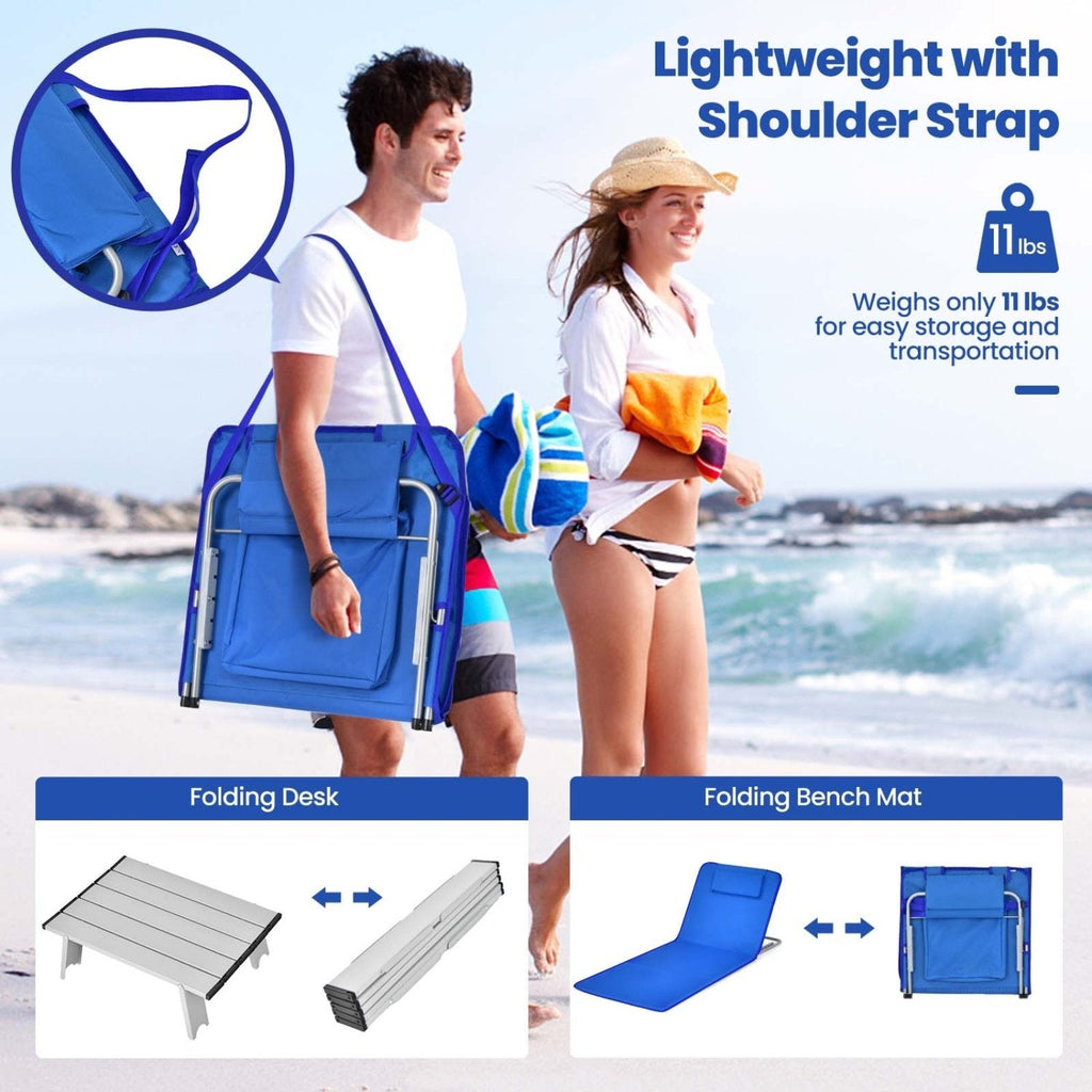 3 Pieces Beach Lounge Chair Mat Set 2 Adjustable Lounge Chairs with Table Stripe-Blue