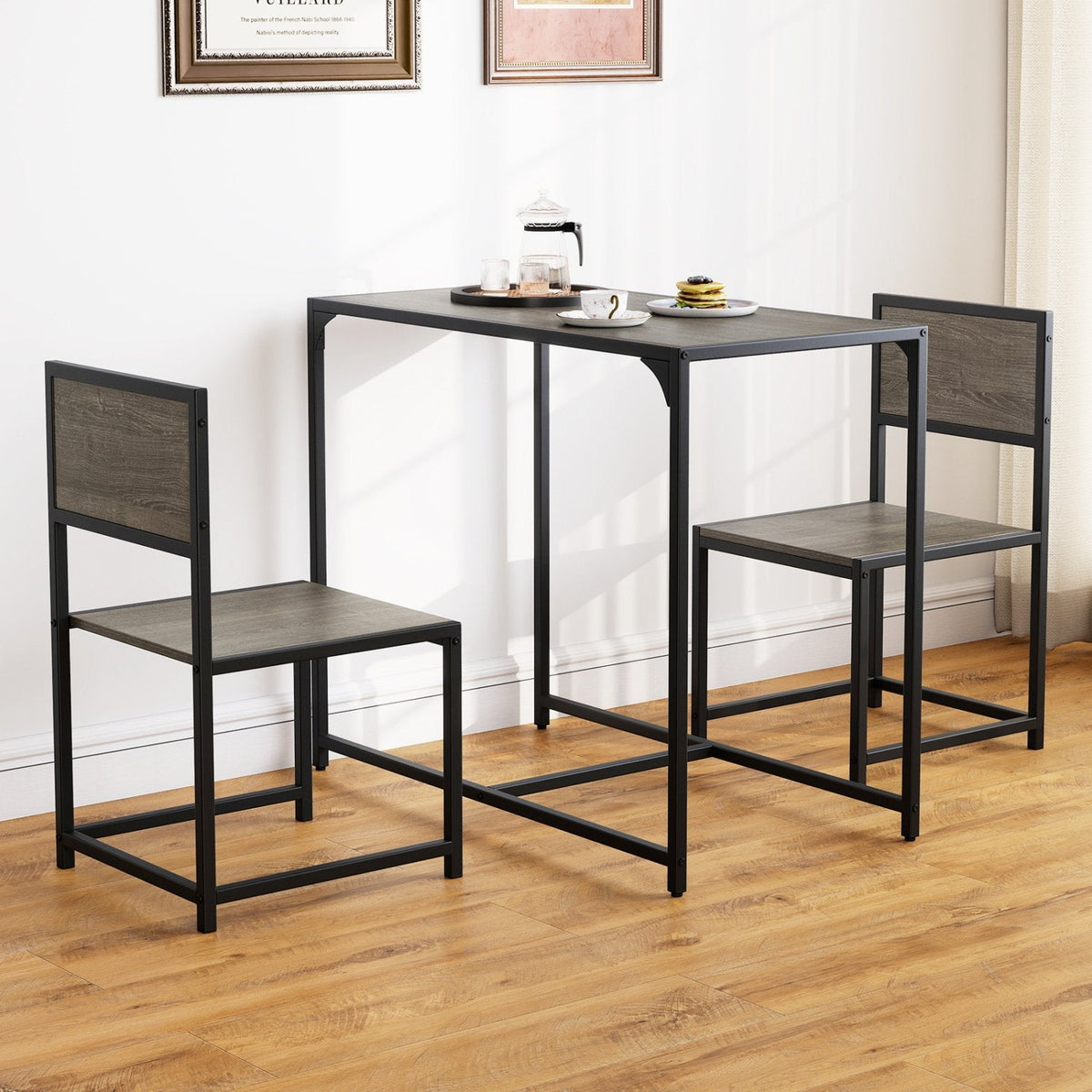 3 Pieces Dining Set Compact Table and 2 Chair with Metal Frame for Small Space-Oak
