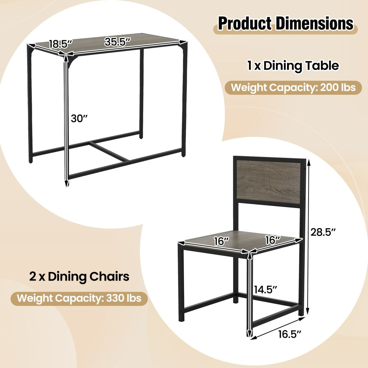 3 Pieces Dining Set Compact Table and 2 Chair with Metal Frame for Small Space-Oak