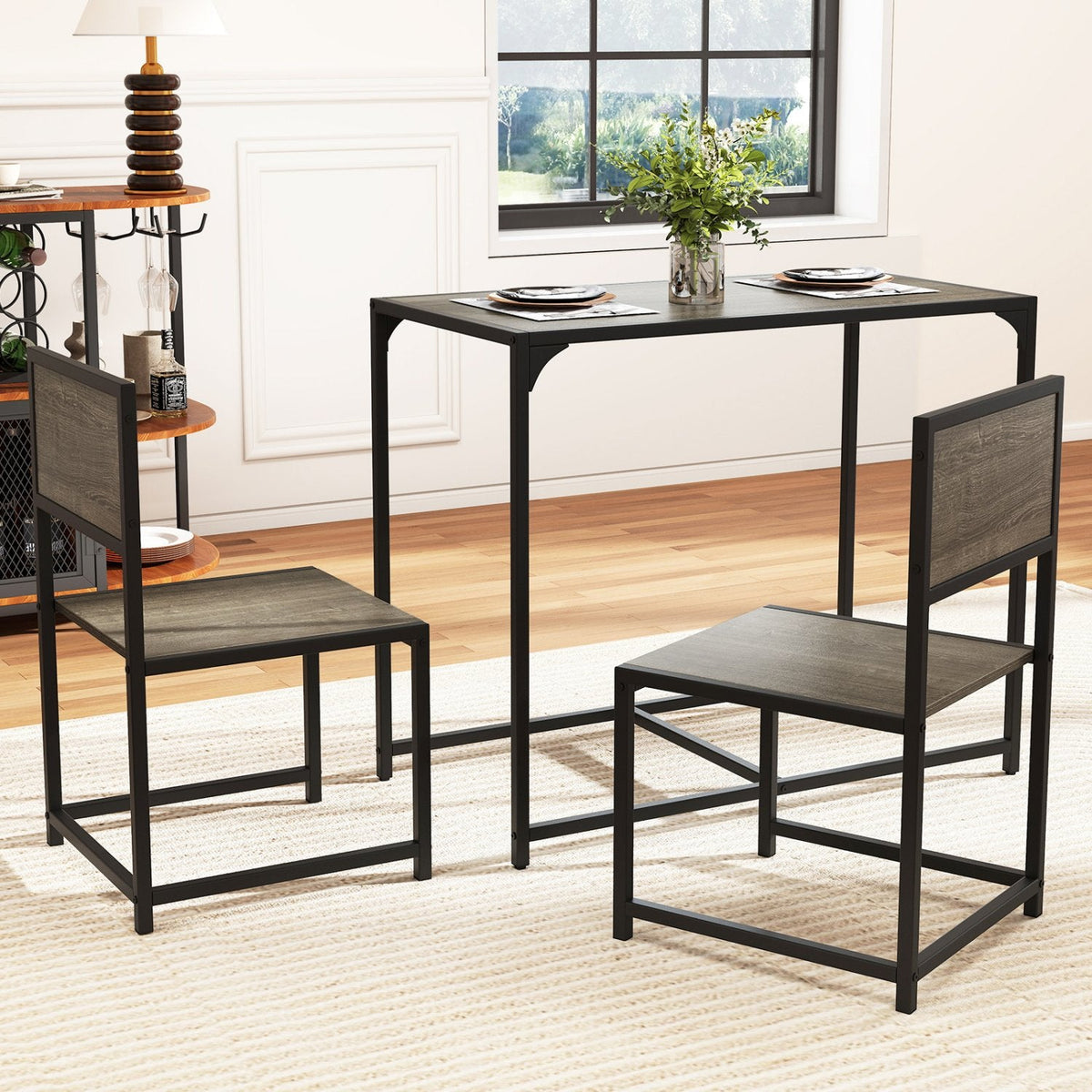 3 Pieces Dining Set Compact Table and 2 Chair with Metal Frame for Small Space-Oak