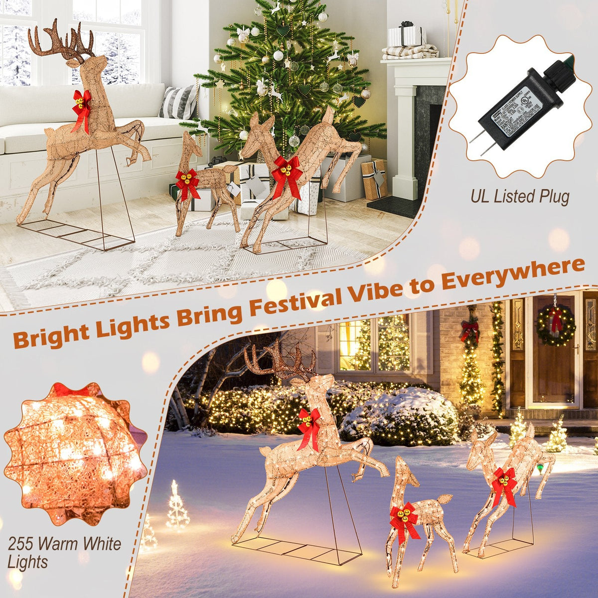 3 Pieces Lighted Christmas Reindeer Family Set with 255 Lights-Golden