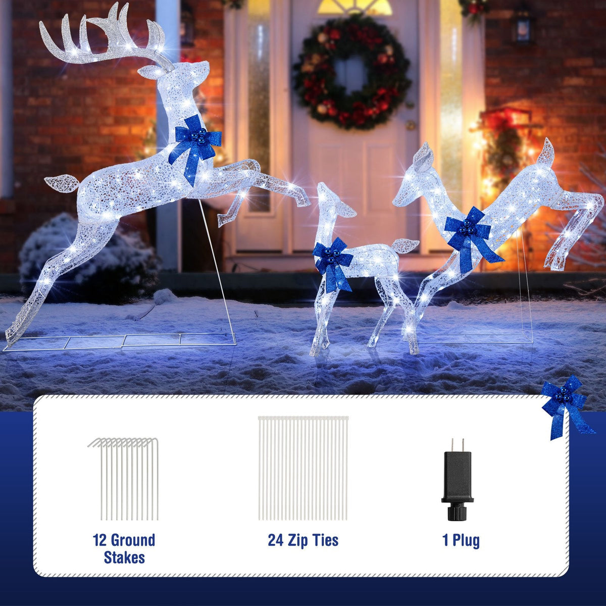 3 Pieces Lighted Christmas Reindeer Family Set with 255 Lights-White