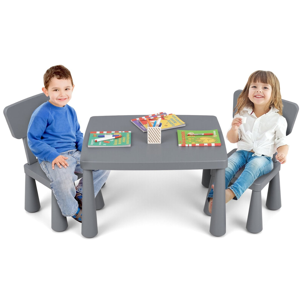 3 Pieces Multifunction Activity Kids Play Table and Chair Set-Gray