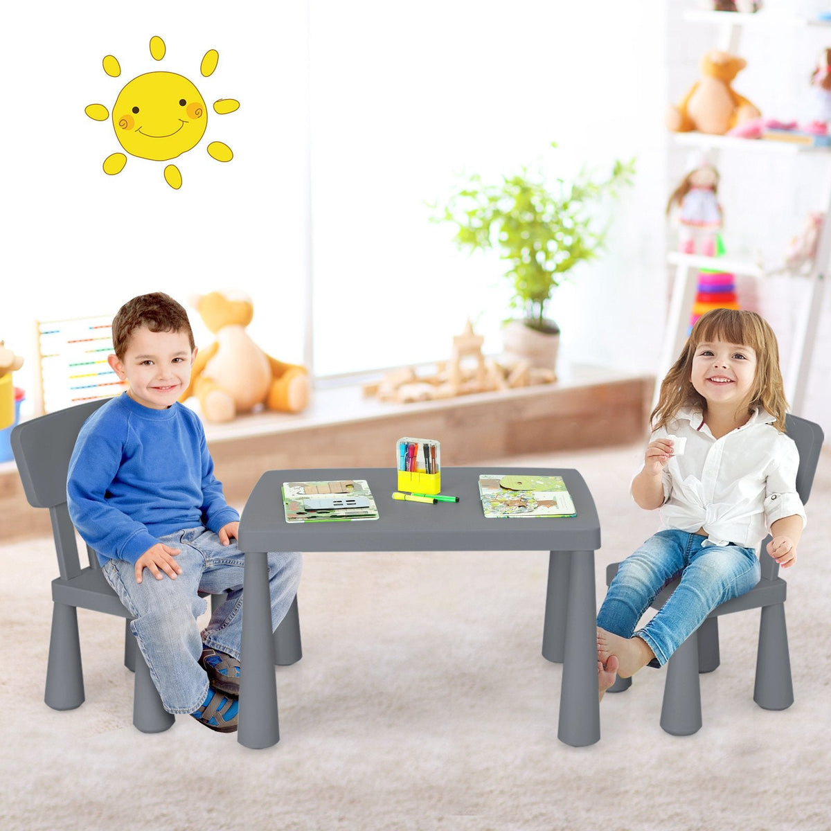 3 Pieces Multifunction Activity Kids Play Table and Chair Set-Gray