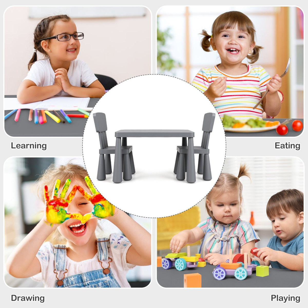 3 Pieces Multifunction Activity Kids Play Table and Chair Set-Gray