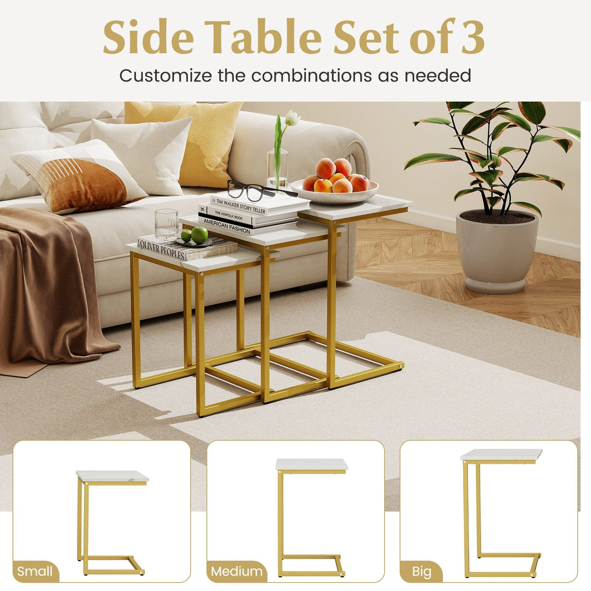 3 Pieces Multifunctional Coffee End Table Set-White