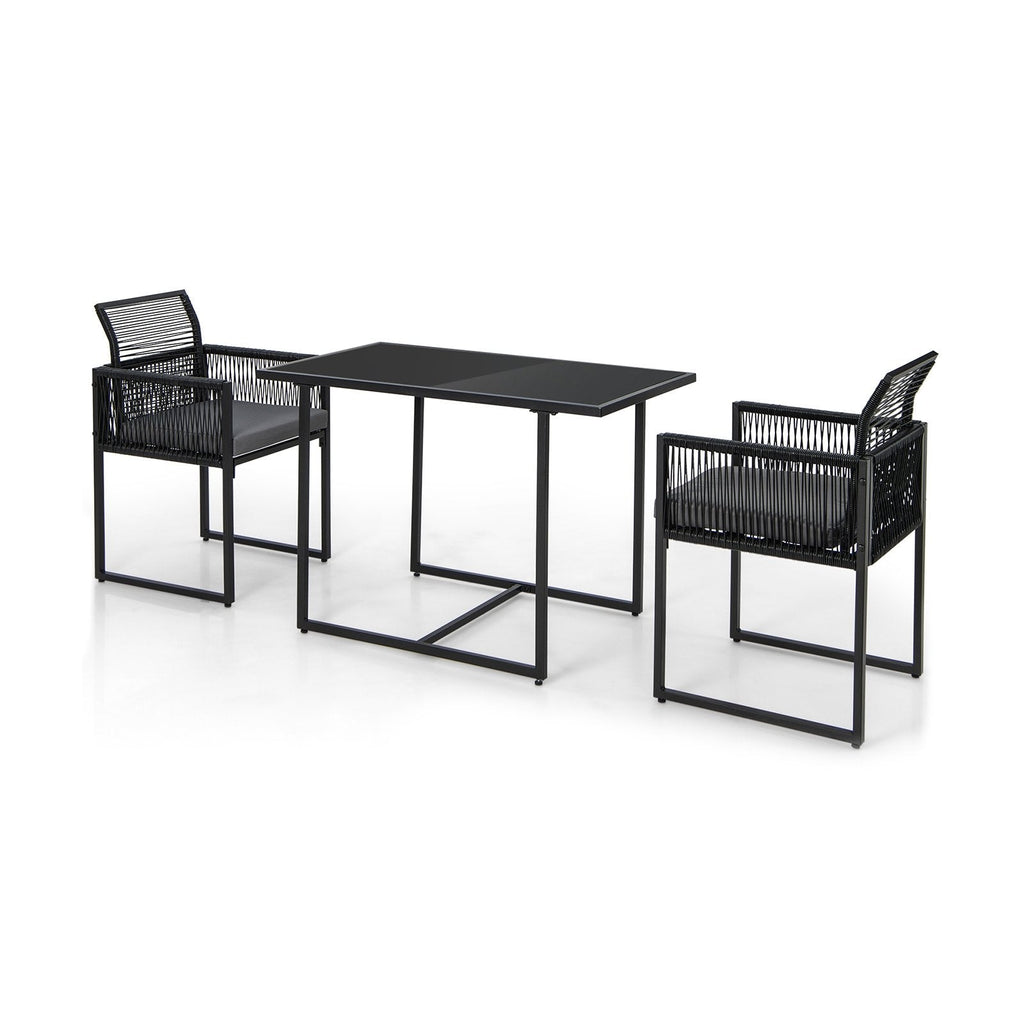 3 Piece Outdoor Dining Set for 2, 42.5 Inch Tempered Glass Table and 2 Black Rattan Chairs with Grey Cushions