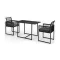3 Piece Outdoor Dining Set for 2, 42.5 Inch Tempered Glass Table and 2 Black Rattan Chairs with Grey Cushions