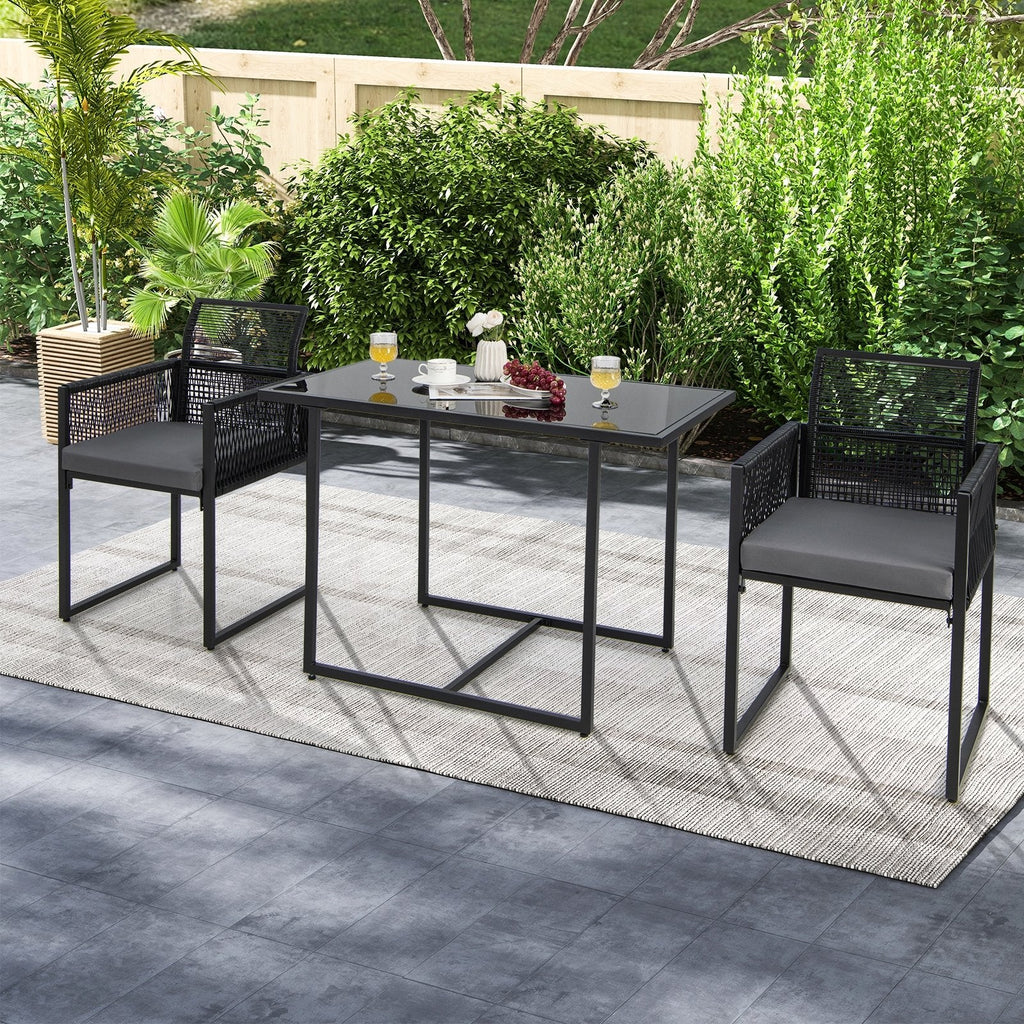 3 Piece Outdoor Dining Set for 2, 42.5 Inch Tempered Glass Table and 2 Black Rattan Chairs with Grey Cushions