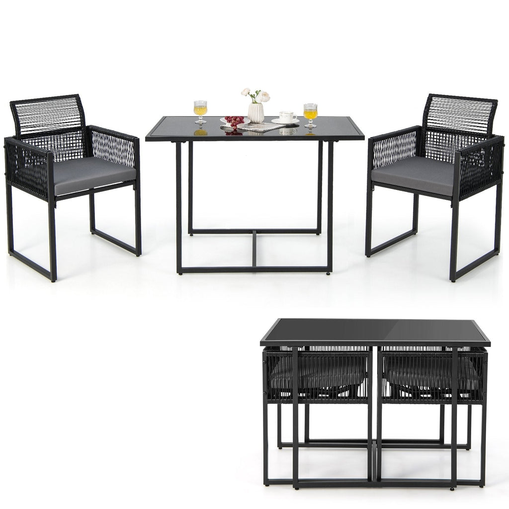 3 Piece Outdoor Dining Set for 2, 42.5 Inch Tempered Glass Table and 2 Black Rattan Chairs with Grey Cushions