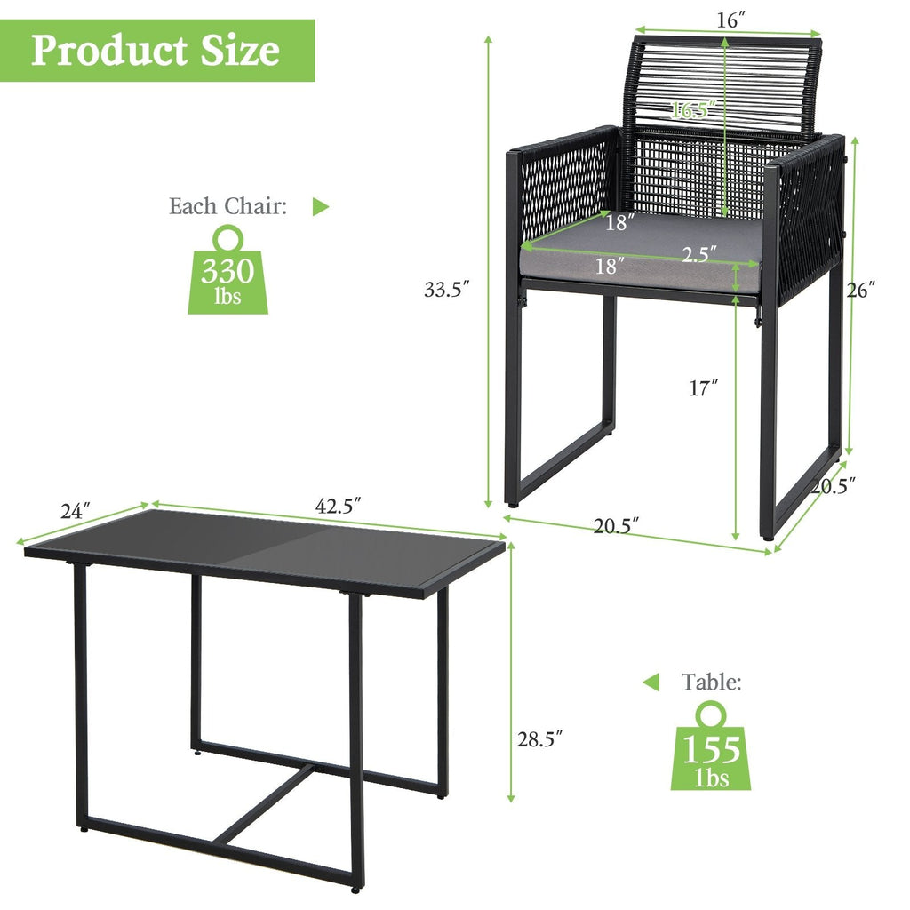 3 Piece Outdoor Dining Set for 2, 42.5 Inch Tempered Glass Table and 2 Black Rattan Chairs with Grey Cushions