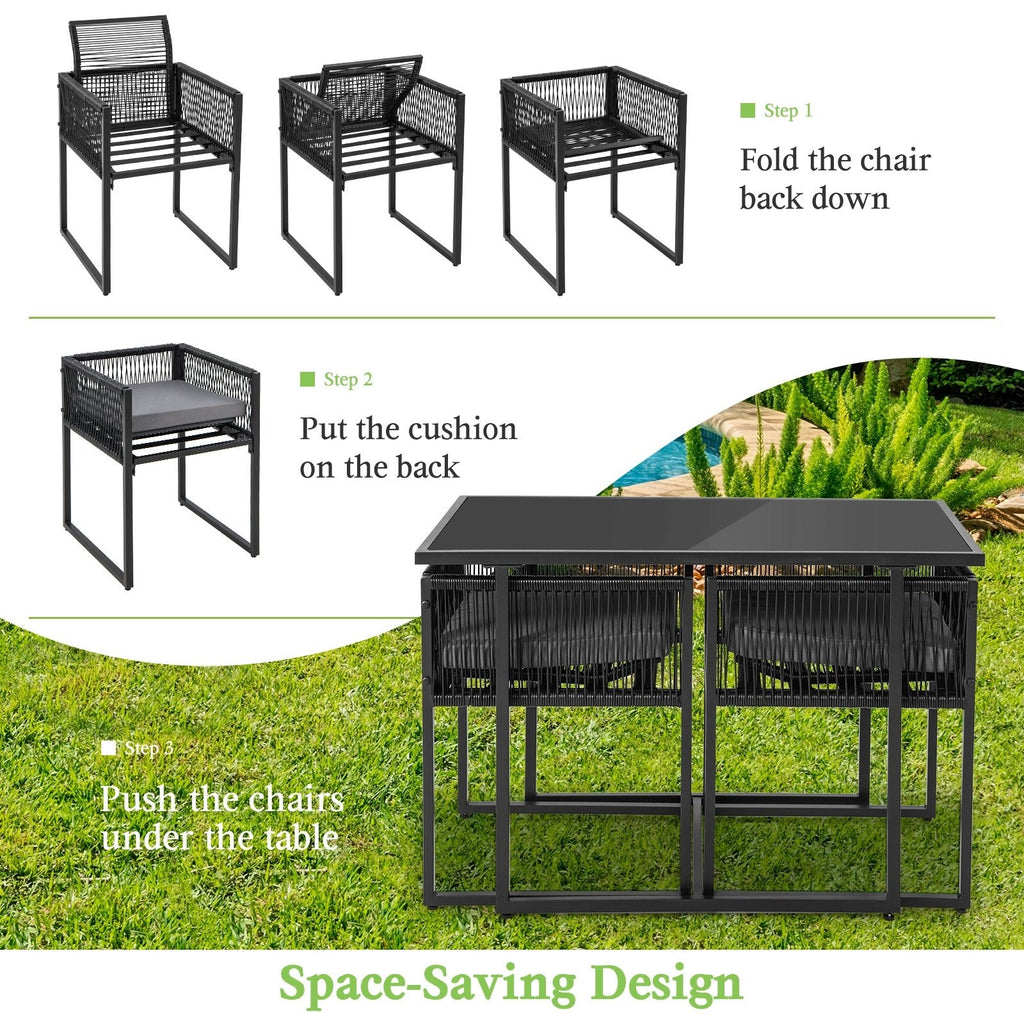 3 Piece Outdoor Dining Set for 2, 42.5 Inch Tempered Glass Table and 2 Black Rattan Chairs with Grey Cushions