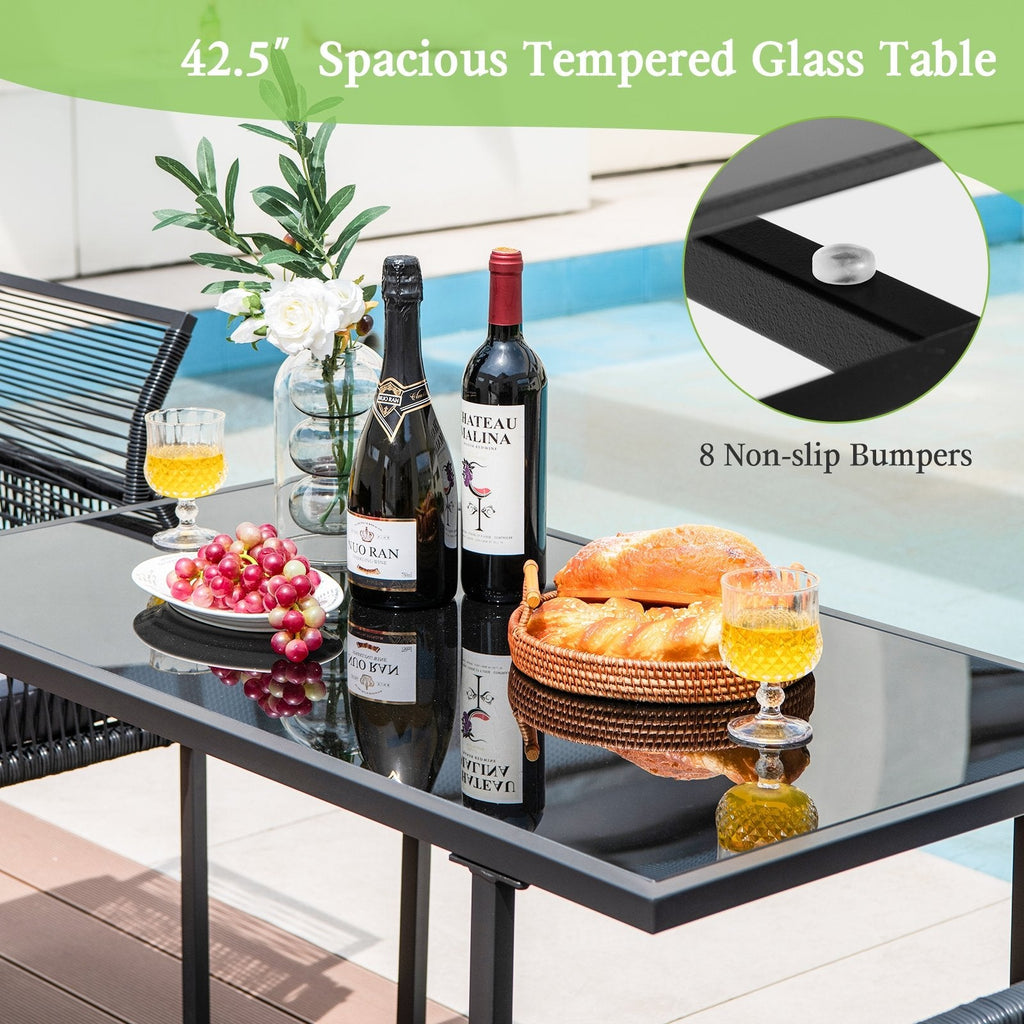 3 Piece Outdoor Dining Set for 2, 42.5 Inch Tempered Glass Table and 2 Black Rattan Chairs with Grey Cushions