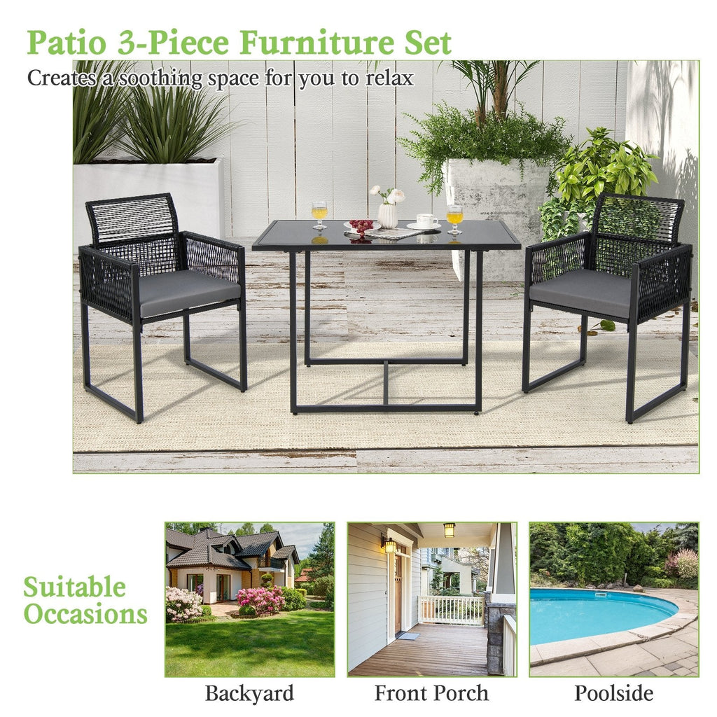 3 Piece Outdoor Dining Set for 2, 42.5 Inch Tempered Glass Table and 2 Black Rattan Chairs with Grey Cushions