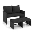 3 Piece Outdoor Wicker Loveseat Set, 41.5 in High Back Loveseat with 2 Multi Use Ottomans, Black Weave and Black Cushions