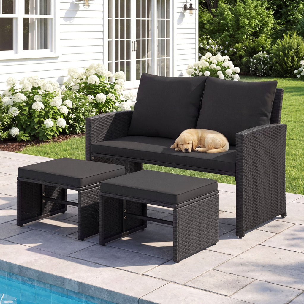 3 Piece Outdoor Wicker Loveseat Set, 41.5 in High Back Loveseat with 2 Multi Use Ottomans, Black Weave and Black Cushions