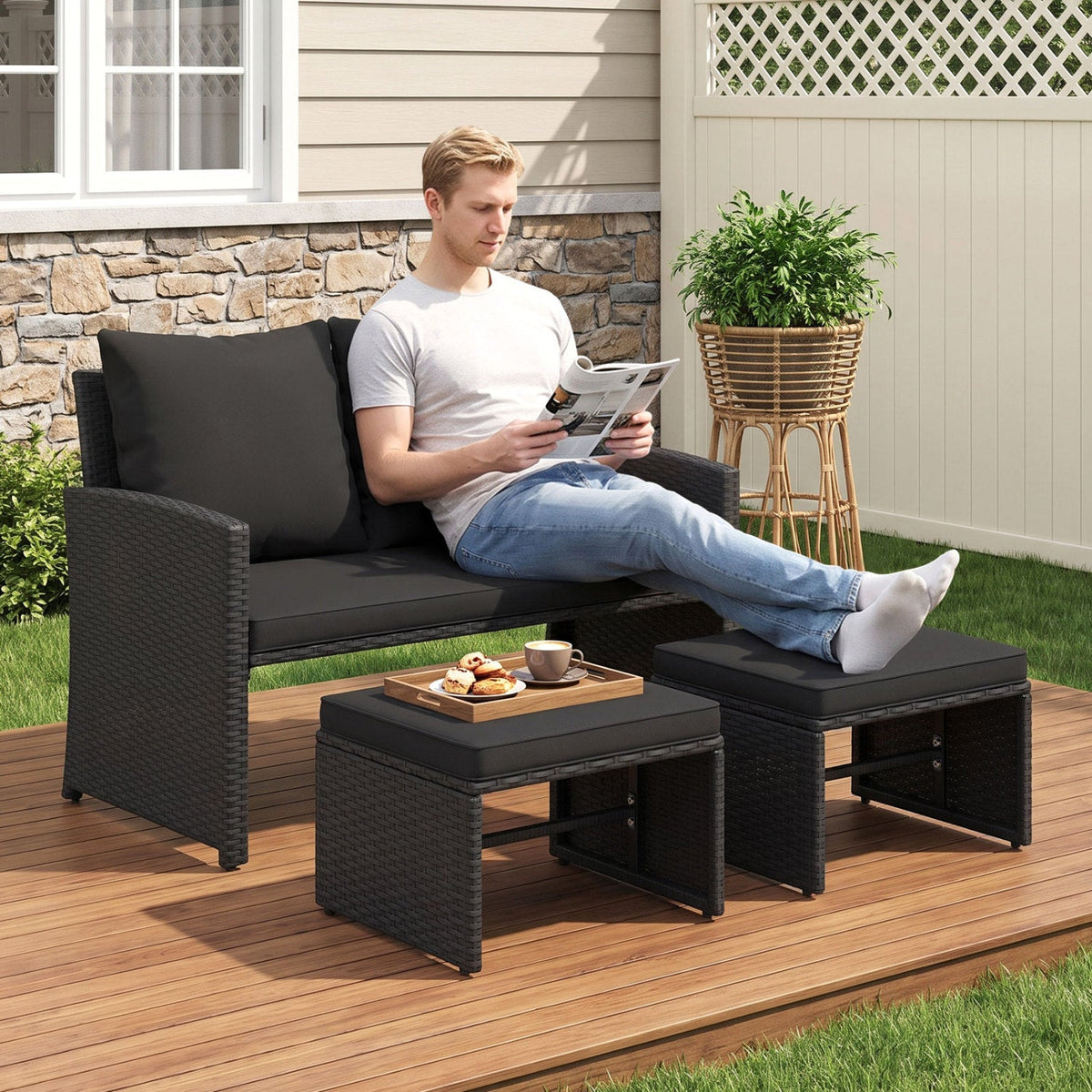 3 Piece Outdoor Wicker Loveseat Set, 41.5 in High Back Loveseat with 2 Multi Use Ottomans, Black Weave and Black Cushions