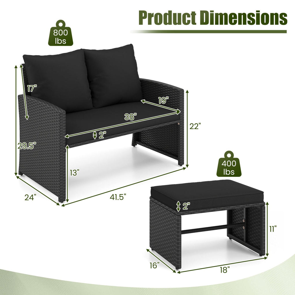 3 Piece Outdoor Wicker Loveseat Set, 41.5 in High Back Loveseat with 2 Multi Use Ottomans, Black Weave and Black Cushions