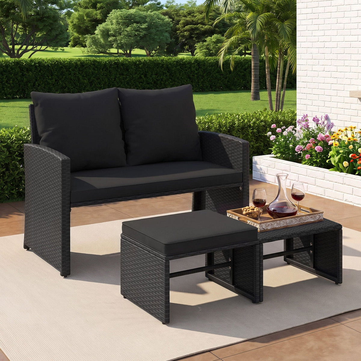 3 Piece Outdoor Wicker Loveseat Set, 41.5 in High Back Loveseat with 2 Multi Use Ottomans, Black Weave and Black Cushions