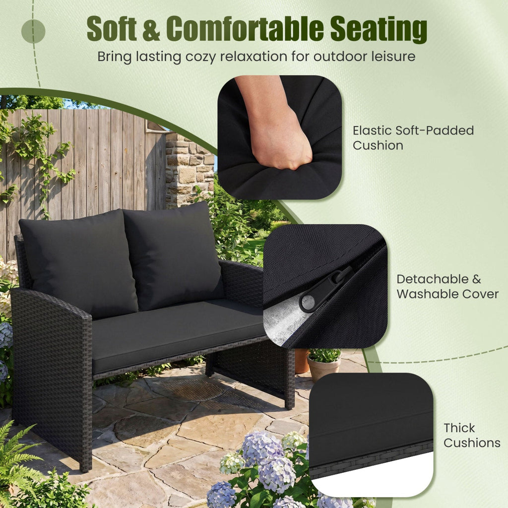 3 Piece Outdoor Wicker Loveseat Set, 41.5 in High Back Loveseat with 2 Multi Use Ottomans, Black Weave and Black Cushions