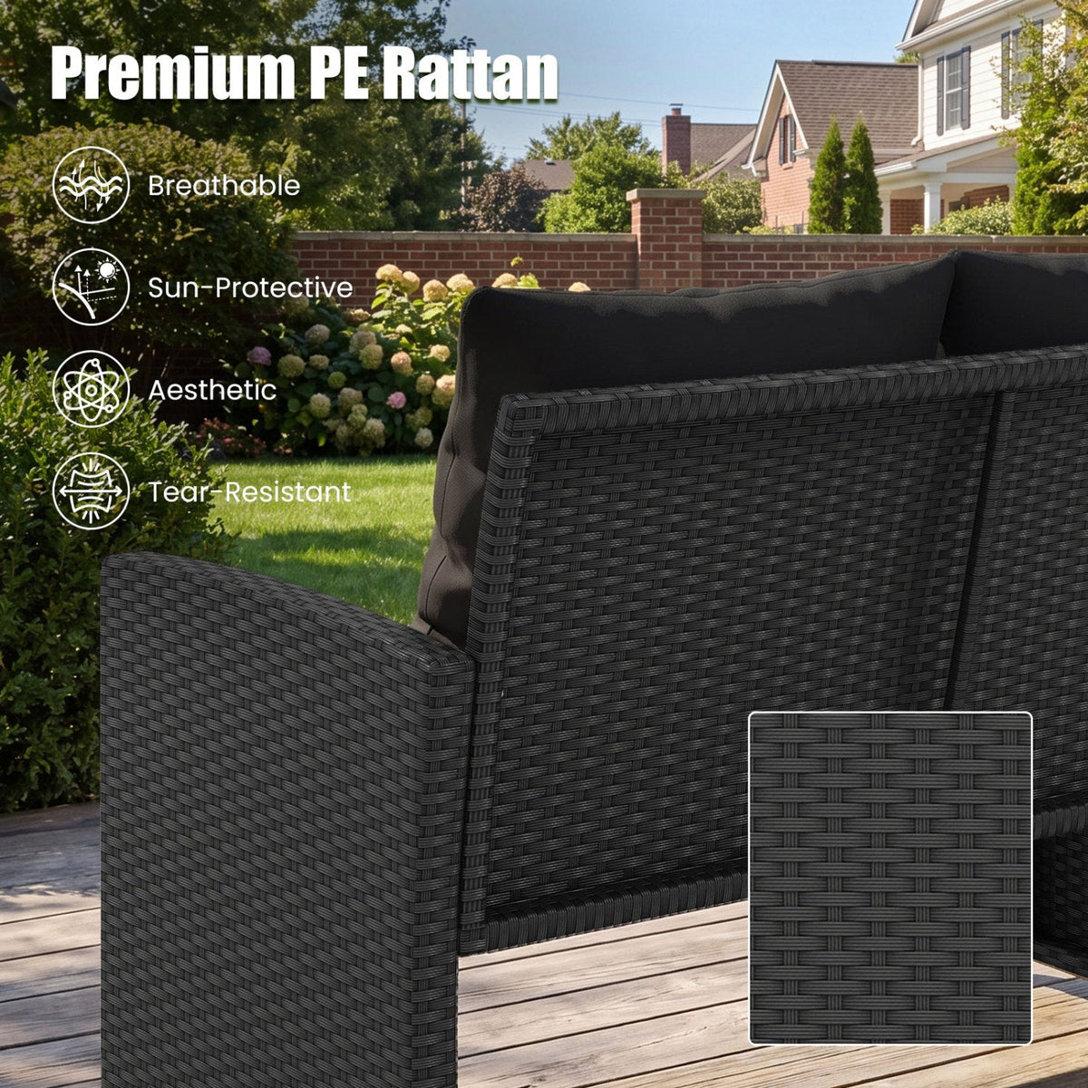 3 Piece Outdoor Wicker Loveseat Set, 41.5 in High Back Loveseat with 2 Multi Use Ottomans, Black Weave and Black Cushions